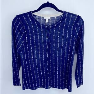Garnet Hill 100% merino wool arrow indigo print crewneck knit sweater cardigan S